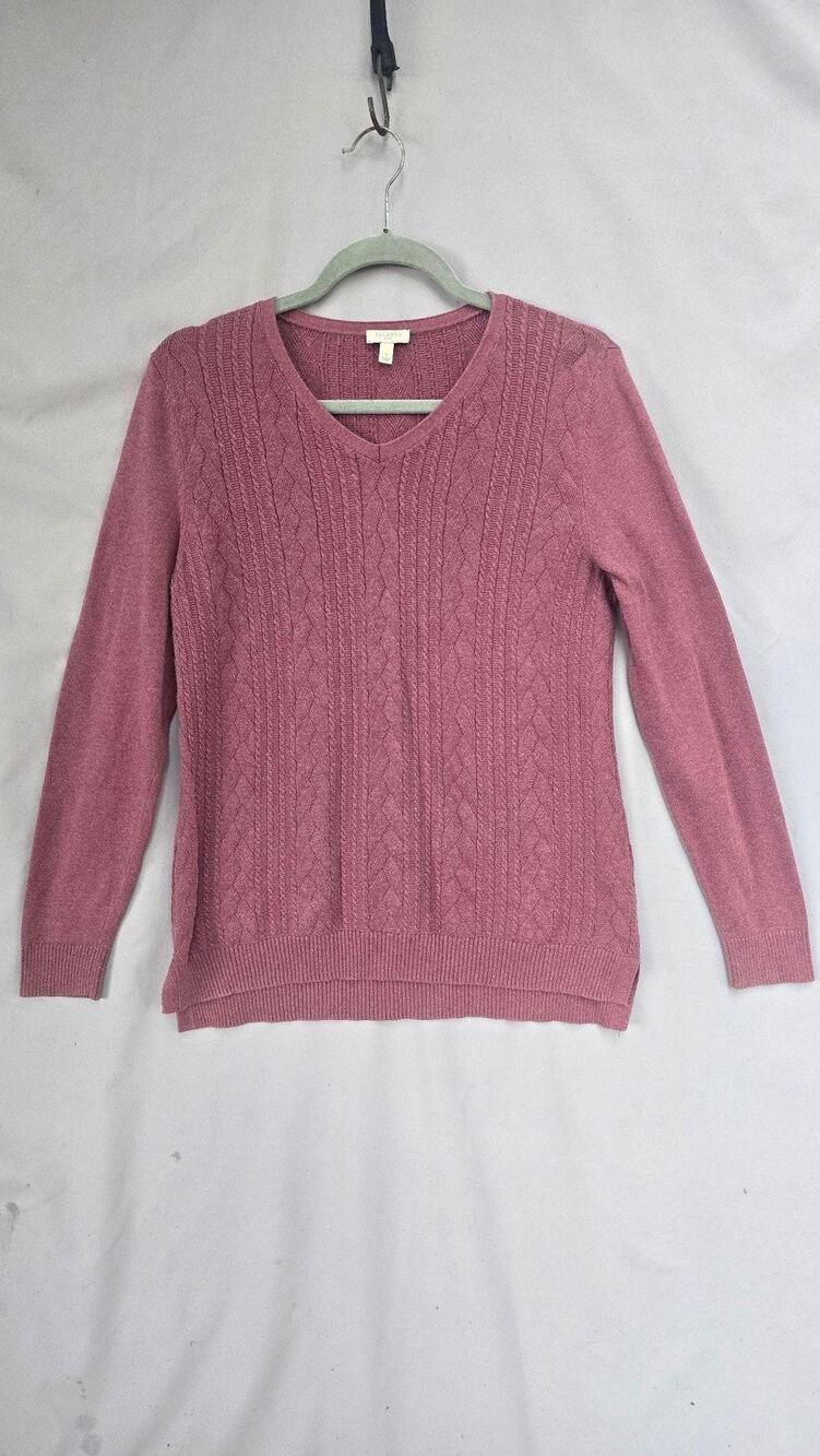 Talbots Sweater Womens Small Pink Cable Knit V Neck Long Sleeve Cotton Pullover